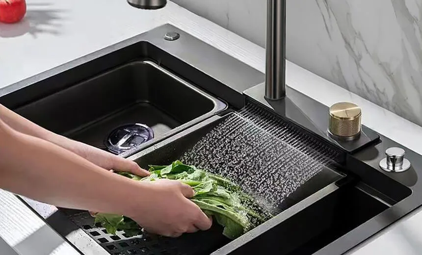 black waterfall kitchen sink